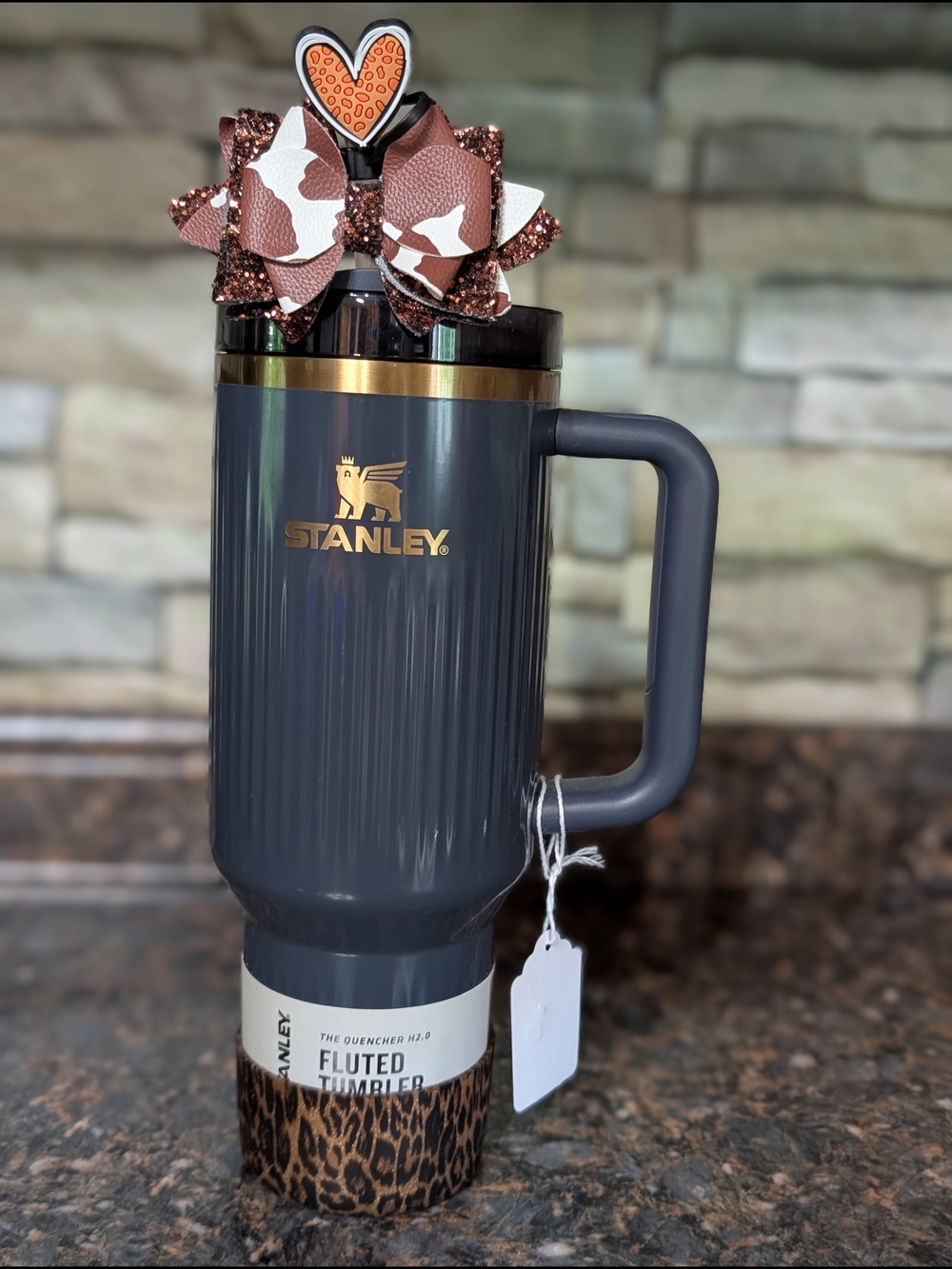 Stanley Dark Charcoal Tumbler with Gold Accents and Leopard Sleeve